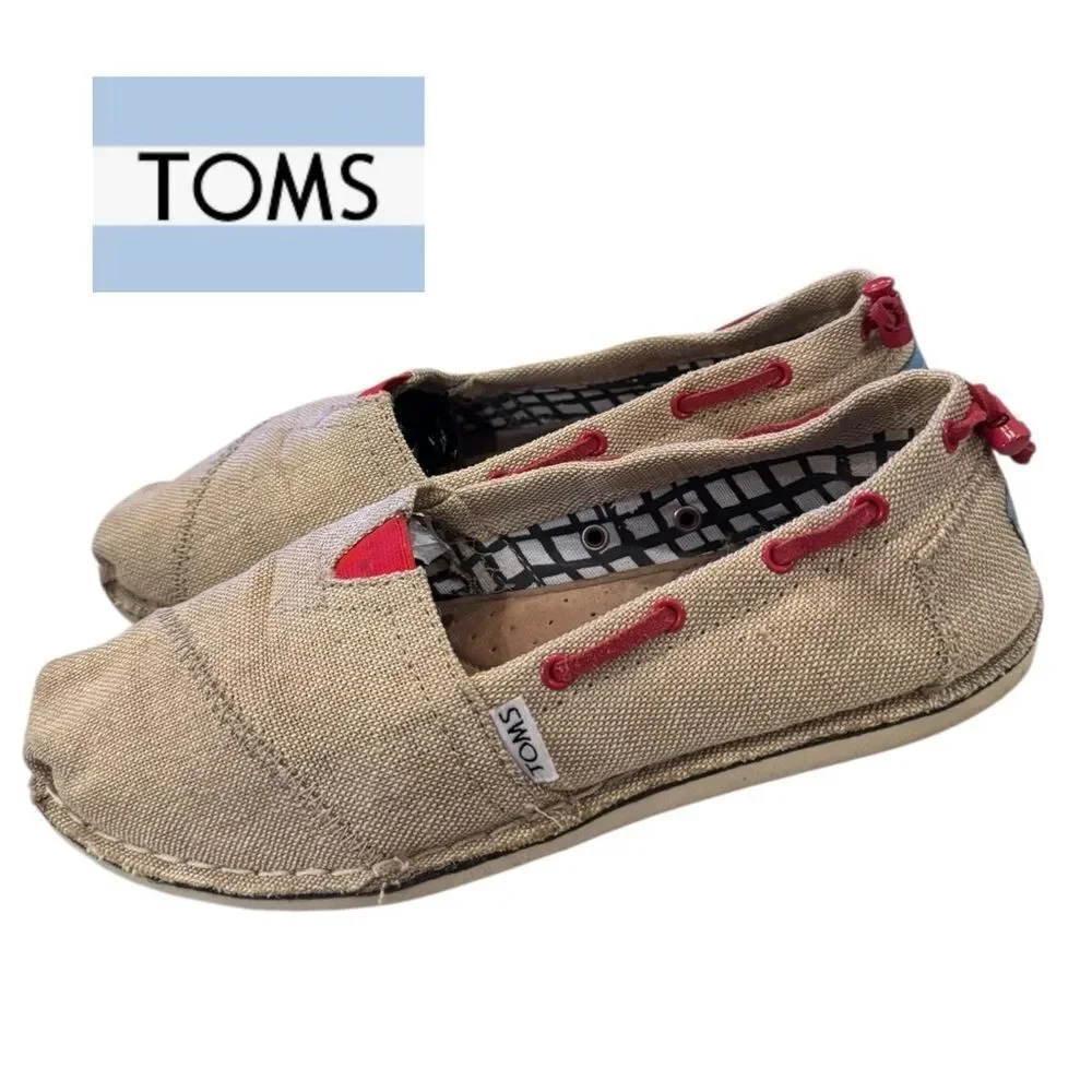 TOMS Women's Burlap Canvas Tan Red Slip-On Shoes Loafers 7.5